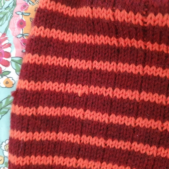 Hand knit maroon and orange striped scarf - Picture 2 of 5